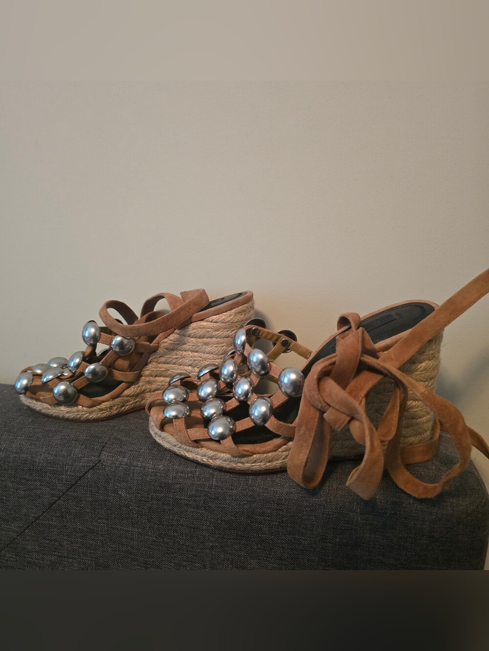 Alexander Wang Camel Studded Caged Wrap-Around Espadrille Wedge Sandals